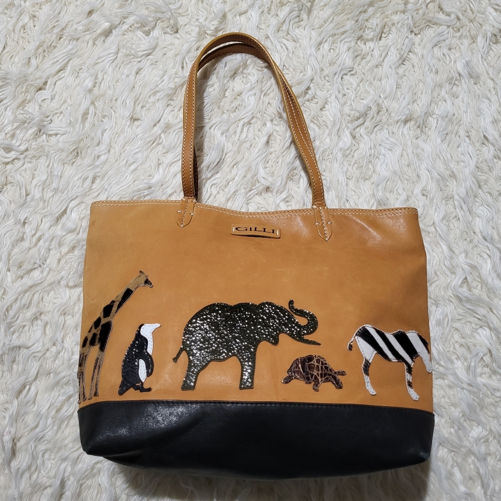 GILLI ViadellaSpigas Leather Tote Bag with Animal Print - Made in Italy